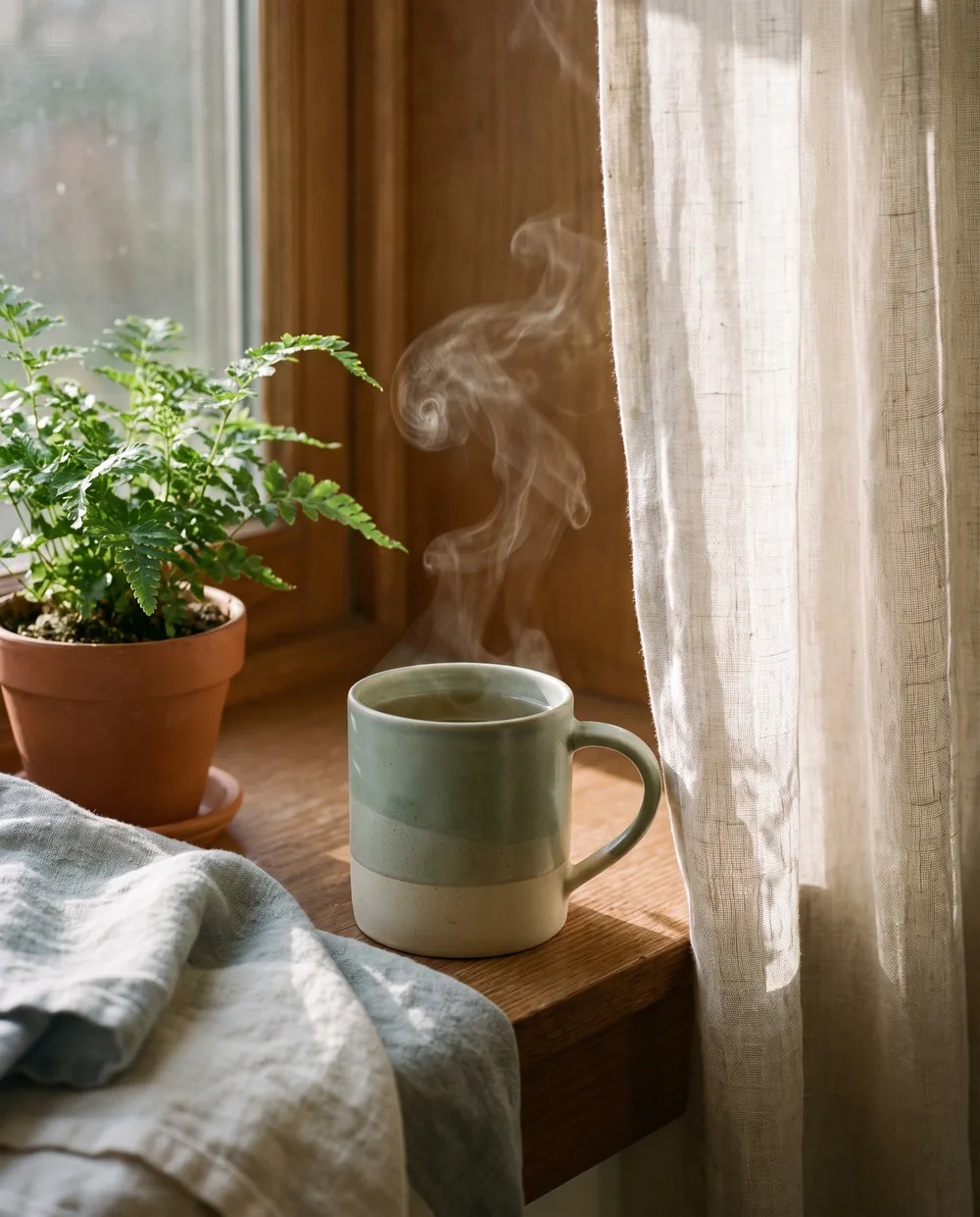 A warm mug of tea on a sunlit windowsill, beside a small plant